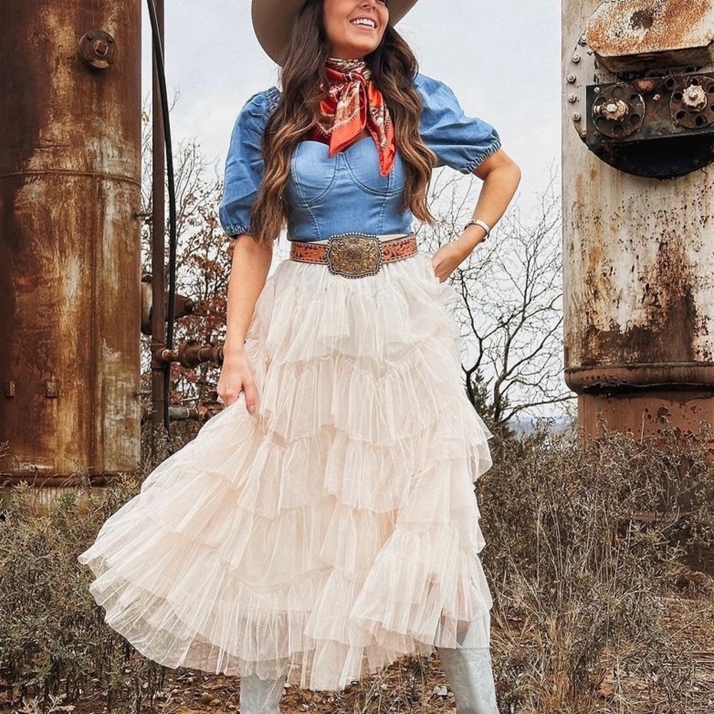 New Bohemian Cream White Tiered Midi A-line Vintage Skirt